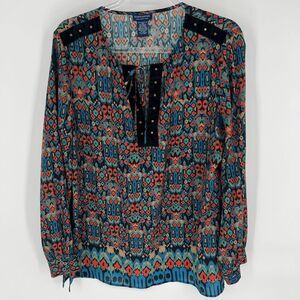 DONCASTER Collection Top 14 Multicolor Tunic Tie Neck Studded Long Sleeve Boho